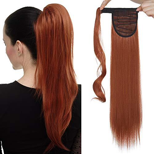 SEGO Ponytail Clip in Pferdeschwanz Extension Haarteil Haarverlängerung Zopf Hair Piece gewellt Wavy wie Echthaar Rotbraun & Orange Glatt-23(58.5cm)