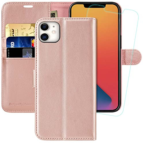MONASAY Wallet Case for iPhone 11,6.1inch, [Glass Screen Protector Included][RFID Blocking] Flip Folio Leather Cell Phone Cover with Credit Card Holder for iPhone 11,Rose Gold