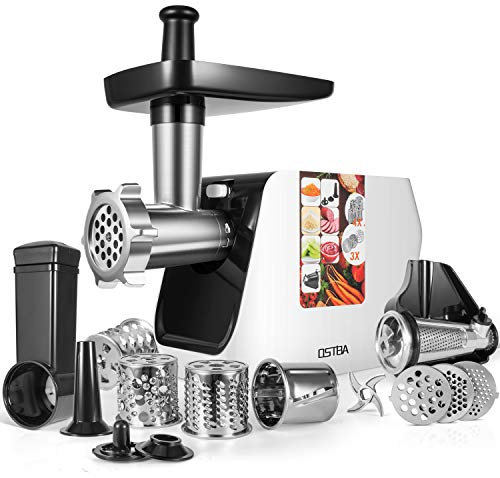Tritacarne OSTBA 2000W Max, 5-IN-1 Tritacarne Elettrico Professionale con 3 Piastre di Macinazione in Acciaio Inox, Macchina Salsiccia, Grattugia, Passapomodoro, Attacco per Salsiccia e Kubbe, Bianco