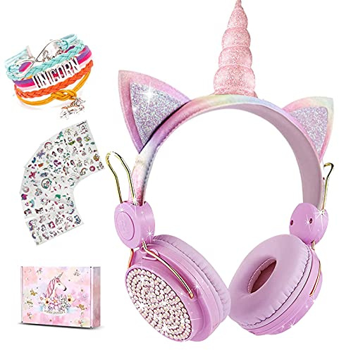 Auriculares inalámbricos de Unicornio para niños, Auriculares Bluetooth 5.0 con micrófono para teléfono celular/iPad/portátil/PC/TV/PS4/Xbox One, Auriculares Plegables para Juegos para niñas y