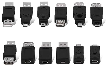 Paquet de 12 Adaptateur Cable Mini USB 2.0, Cable USB Female to Micro-USB Female kit Adaptateur USB OTG Multiples Micro Mini USB2.0 Mâle vers Femelle convertisseurs Connecteurs