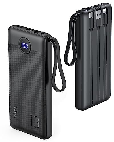 VRURC 10000mAh Power Bank With Built in Cables,USB C Battery Pack Portable Charger with 5 Outputs 2 Inputs Powerbank LED Display compatible with iPhone 14 13 12 Samsung S21 S20 Xiaomi