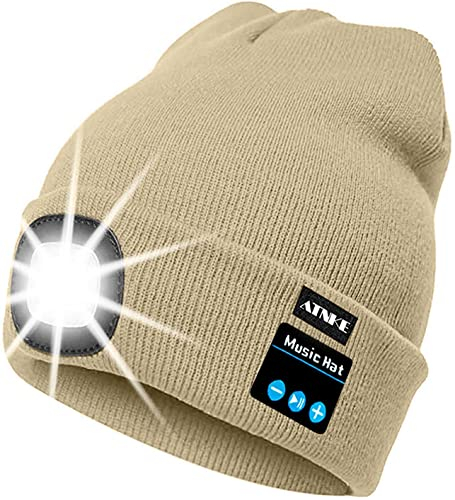 ATNKE LED beleuchtete Bluetooth Beanie Kappe, wiederaufladbare USB-Musikalische Laufmütze mit extrem hellem 4 LED Licht wasserdichte Lampe für das Skifahren (Einheitsgröße, Beige)
