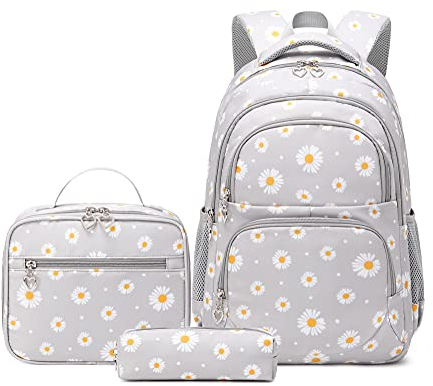 Mochila para niñas con lonchera aislada, combo de 3 piezas, bolsas escolares para niñas con bolsa de almuerzo, 3 unidades, color gris margarita, 3Pcs Backpack Set, moderno