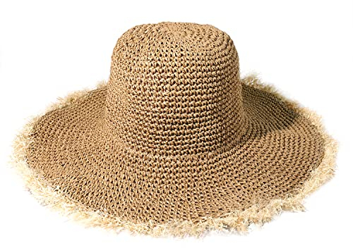XOCARTIGE Chapeau de paille pour femme, chapeau de paille à large bord, chapeau de plage, chapeau pliable à franges, marron, Taille unique