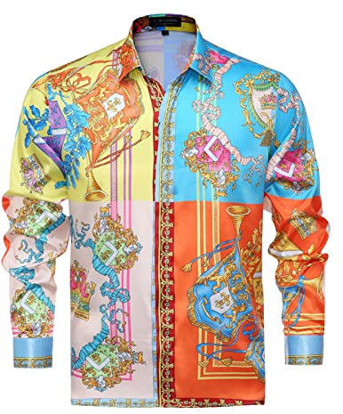 GSBOGOSSE Mens Luxury Brand Printed Silk Like Satin Button Down Dress Shirt for Party Prom Long Sleeve Slim Fit Floral Nightclub Shirt, Multicolored29, Large