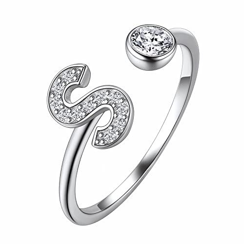 Suplight Damen Offener Ring 925 Sterling Silber Letter Ring mit Buchstabe S Verstellbare Initiale Alphabet Schmuck Geschenk für Frauen Mädchen