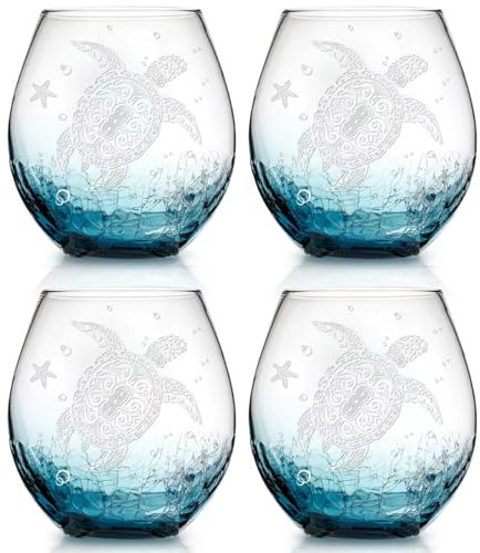Sea Turtle Weingläser ohne Stiel – Schildkröte Weingläser Set von 4 Stück, Craquelé-Design, Weihnachten, 540 ml (weiß)