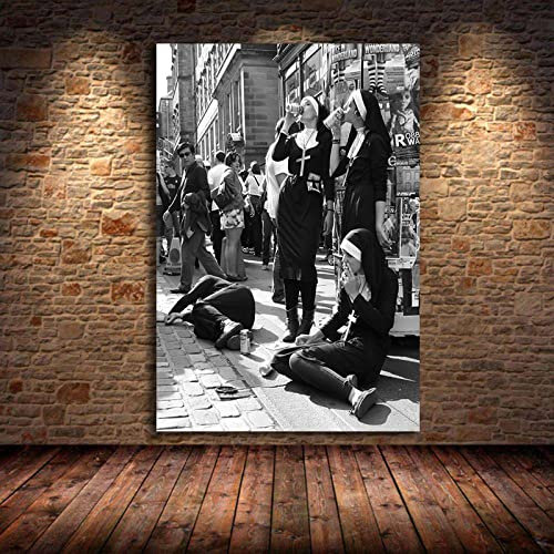 Rebellious Nuns Prints Schwarz-Weiß-Fotografie-Poster, Retro-Wandkunst, HD-Druck, Bild, Leinwand, Gemälde für Wohnzimmerdekoration, 100 x 70 cm, Innenrahmen