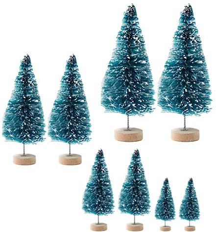 8x Desktop Miniature Tree Ornaments Bottle Brush Trees 4 Sizes with Wooden Bases Mini Artificial Christmas Tree for Home Decor Tabletop, Blue