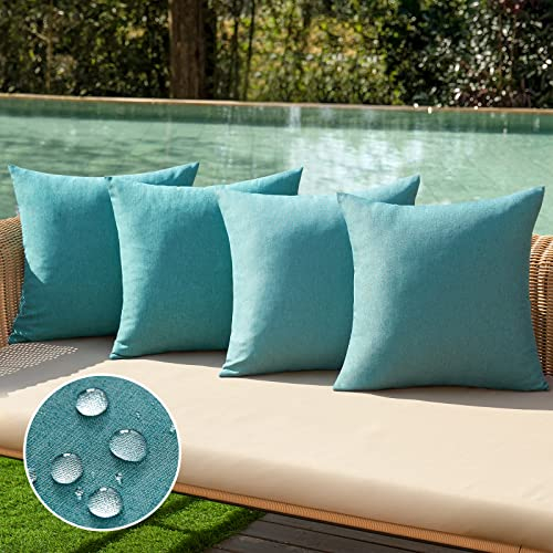 MIULEE Outdoor Kissenbezug Wasserdicht Kissen Wasserfest Dekorative Kissenbezüge Leinen-Optik Sofakissen Dekokissen für Garten Sofa Couch Wohnzimmer Schlafzimmer 4er Set 45x45 cm Pfauenblau