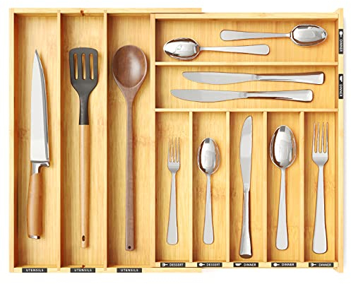 SpaceAid Bamboo Silverware Drawer Organizer with Labels, Kitchen Utensil Expandable Tray Holder Organizer for Flatware, Cutlery, Spoon and Knives Drawer Storage Organization (Natural, 10 Slots)