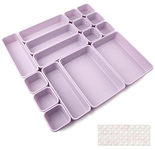 Organizer per Cassetti Cucina Bagno Divisori Cassetti 16Pcs Organizzatore per Organizzazione Scrivania Contenitori per Trucchi in Plastica con 40 Cuscinetti in Silicone Antiscivolo (Viola Chiaro)