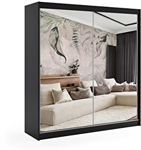 ALTDECOR Kleiderschrank mit Spiegel und Schiebetüren, kugelgelagerte Führungsschienen und Aluminium-Leisten - DEBI - 200 cm Schwarz
