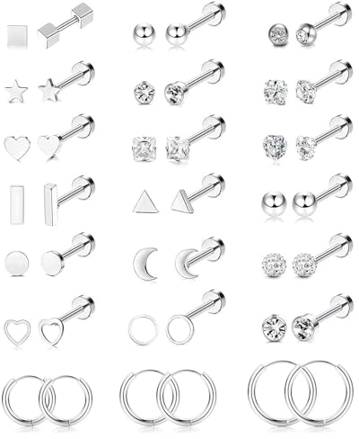 FIOROYAL 21 Paar Ohrstecker Set Kreolen Creolen für Damen Herren Hypoallergen Edelstahl Knorpel Helix Piercing Ohrstecker Silber Medizinische Ohrstecker Zirkonia Flat Piercing Ohr Ohrringe Silver