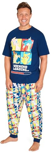 Pokemon Schlafanzug Herren Lang Lustig Pyjama Männer und Teenagers S-3XL (Marineblau/Mehrfarbig, 3XL)