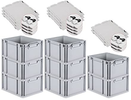 PROREGAL SuperSparSet 8x Eurobox NextGen Grip mit Scharnierdeckel und schwarzen Schiebeschnappverschlüssen, HxBxT 22x30x40cm, 20 L, Grau, Griffe geschlossen, Eurobehälter, Transportbox