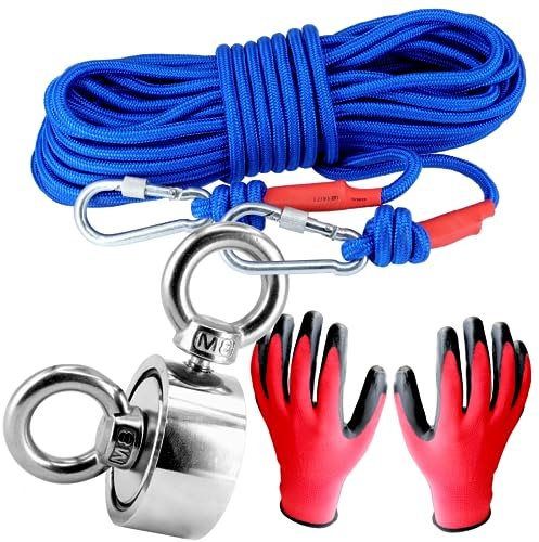 Neodym Magnet Magnetangel Set - 48mm - 200KG Zugkraft Mit 2 M8 Ösen - Bergemagnet Magnetfischen Komplettset mit 20m Seil Wasserfeste Handschuhe zum Magnet Fischen