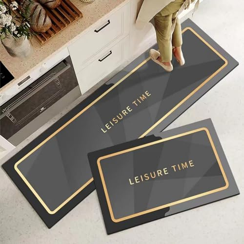 Kitchen Floor Mats, 2 PCS Kitchen Mat Set, Water Absorbent and Quick Drying Kitchen Rugs, Non-slip Kitchen Carpets, Super Absorbent Floor Mat for Home Kitchen (Black Gold, 40*60+40*120 cm)