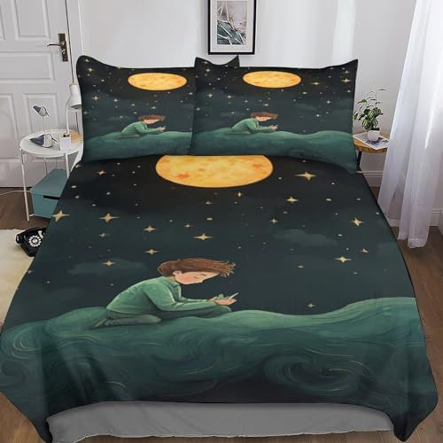 LAMAME Kleiner Prinz schlafend Bettwäsche-Set 3 Teilig 3D-Druck Malen Bettbezug Mit Reißverschluss Mikrofaser Kinder Bettbezüge Mit Kissenbezug King(220x240cm)