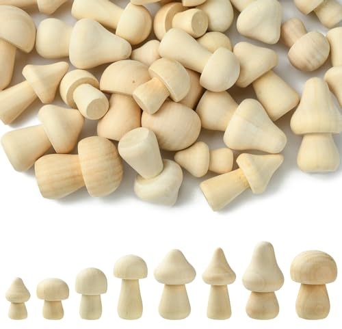 UR URLIFEHALL Unlackierte Holzpilze in 8 Stilen, unlackiert, Naturholz, Pilz-Dekoration für Bastelarbeiten, Geschenk, Heim- und Gartendekoration, 40 Stück