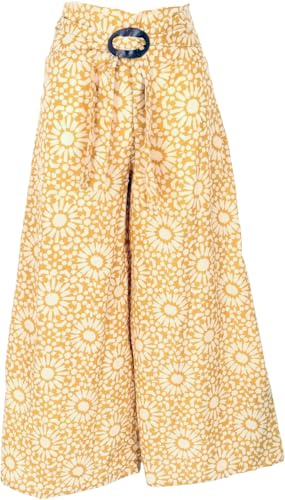 GURU SHOP Luftige Sommerhose mit Kokosschnalle, Boho Palazzohose, Weite Baumwollhose - Kurkuma, Damen, Size:S