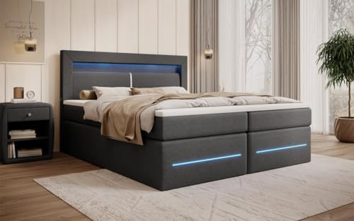 Boxspringbett Nera 140x200 Doppelbett Polsterbett Bett mit LED, USB und Stauraum | Bezug: Stoff | Farbe: Grau | Härtegrad: H3 (70-100kg)