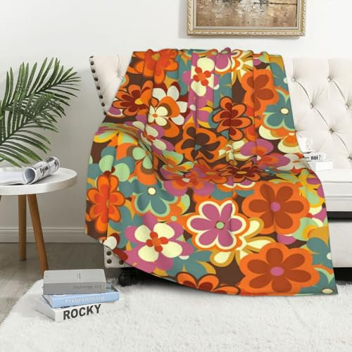 EgoMed Decke, weiche Decke, Flanelldecke für Schlafzimmer, Sofa, Bettwäsche 152 x 102 cm,Buntes Blumenmuster im Retro-Stil der 70er Jahre