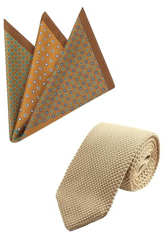 WANYING Herren 7cm Schmale Strickkrawatte & 33cm Einstecktuch Sets - Gestrickte Narrow Krawatte Binder Schlips Knit Tie - Beige Krawatte 01