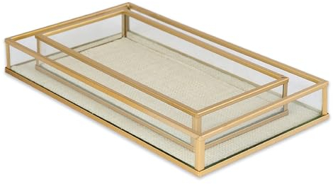 Set of 2 Gold Metal Decorative Tray |Tray for Coffee Table Centrepiece | Home Decor Tray | Kitchen Counter and Bathroom Organizer| Perfume Jewellery Organiser Vanity Tray