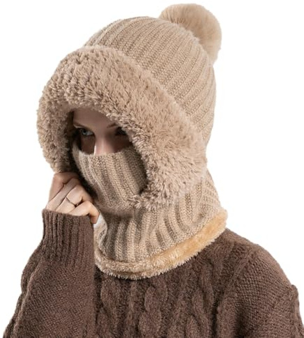 Bonnet tricoté pour femme avec doublure en polaire - Écharpe d'hiver - Masque de neige - Cache-oreilles en peluche - Bonnet avec pompon