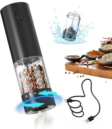 CIRCLE JOY Electric Pepper Grinder Rechargeable Pepper Mill with External Adjustable Coarseness, 95ml Container and Whiet LED Light, Black