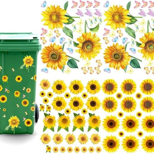 CZAYEFNH Blühende Aufkleber für Mülltonnen - 4 Stück Sonnenblumen Aufkleber für Mülltonnen, Selbstklebende Schmetterlings Aufkleber, wasserfeste Aufkleber für rollende Mülltonnen