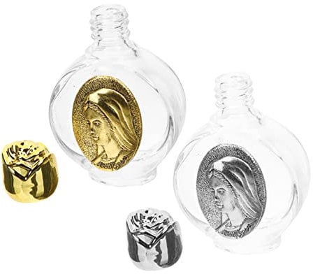 RORPOIR 2pcs Holy Water Bottles Glass Refillable Empty Antique Gold Silver Metal Cap Christian Decorative Containers for Baptism Wedding Blessing