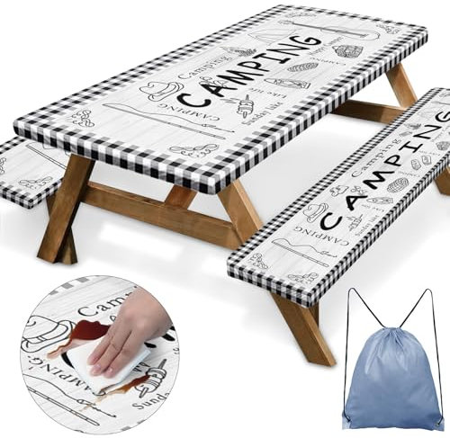 Britown Picknick-Tischabdeckung mit elastischen Kanten, Bauernhof-Plaid-Tischabdeckung, Outdoor, Terrasse, Camping, Essentials, 152,4 cm, 3 Stück, wasserdichte Camping-Tischdecke mit Kordelzugbeutel