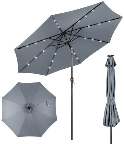 COSTWAY Parasol de Jardin Extérieur Ø 300 CM, Parasol Inclinable Lumineux Solaire avec 24 LED, Manivelle et 8 Baleines Métalliques Robustes, pour Balcon Jardin Terrasse(Gris)