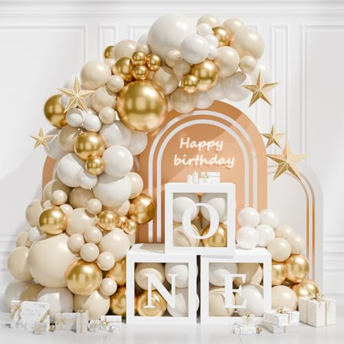 1.Geburtstag Ballon Box für Junge Mädchen,3Pcs Ballon Boxen mit Gold Weiß Beige Latex Ballons und ONE Buchstaben, Girlande Kit für Dekorationen Verlobungsfeie Babyparty, Baby Shower Party Dekoration