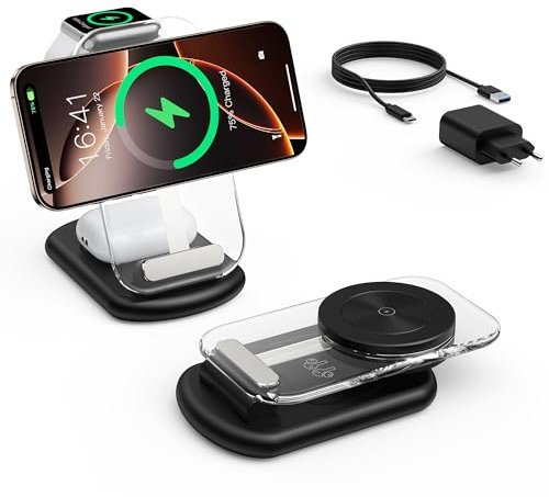 Mag-Safe ladegerät, 3 in 1 Ladestation Faltbar für Apple-Geräte, 15W Mag Safe Ladeständer mit iPhone 16/15/14/13/12, iWatch, Airpods 4 3 2 Pro, Schwarz
