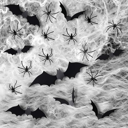 KUBDPQOR Spinnennetz Deko Set Halloween Dekoration 120g Spiderweb 32 Kunststoffspinnen 12 Papier Fledermäuse