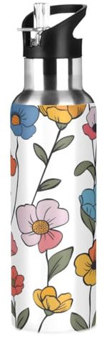 Bouteille d'eau simple et colorée en forme d'espèces de fleurs - Bouteille thermos en acier inoxydable - Bouteille isotherme sous vide avec large poignée