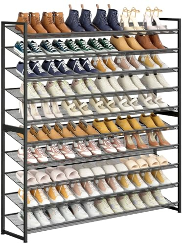 NEYCIL Zapatero grande de 10 niveles, organizador de zapatos de metal resistente apilable de 5 niveles para almacenamiento vertical de zapatos para entrada de puerta delantera, hasta 62 pares
