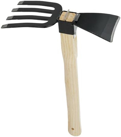 FTVOGUE Thickened High Carbon Steel Hoe with Vane/Wing, Small Eight Hoe, Japanese Weeding Sickle, Forged Garden Pick, Lightweight Handle, Five-Claw Rake with Long Wooden Handle (Type C)