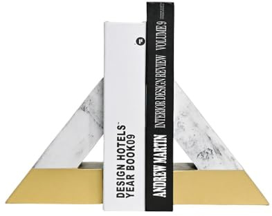 Aka & Lou Marmor Buchstützen, 2er-Set, Bookends, Buchhalter, Buchständer Weiss Gold, stabile Bücherhalter Regal, Buchstopper, Buchstütze Kinder, Book Holder, Buchstütze Gold
