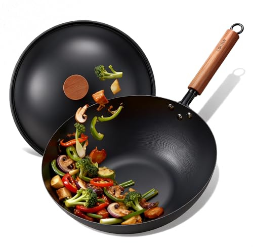 CAROTE 12 Carbon Steel Wok Pan, 4.5QT Woks & Stir-fry Pans, No Chemical Coated Pre-Seasoned Flat Bottom Wok with Lid for Stir Fry, BBQ, Grill & Camping, All Stovetop Compatible, Black