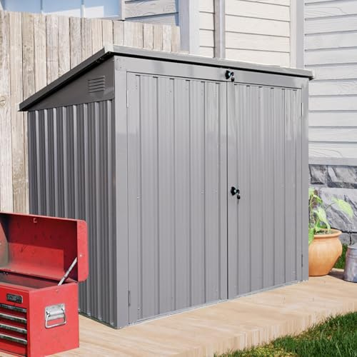 Metal Outdoor Garbage Bin Shed Storage Enclosure for Two 64-Gallon Carts, Lockable Door, Sloped Roof, Waterproof UV-Protected Galvanized Steel Walls, Utility Tool Bike Firewood Pet House Use (Grey)