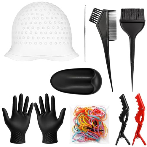 Professional 9 Pcs Highlighting Kit with Durable Highlighting Cap, Hair Dye Brush, Hook Hair Dye Comb, Gloves and Hair Tools Accessories for Effortless DIY & Salon Hair Colouring 