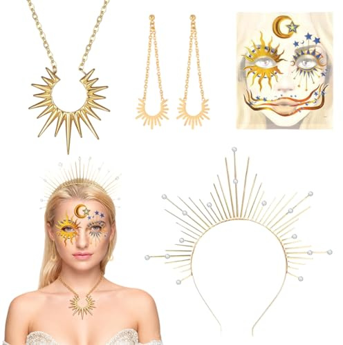 YAZWUR Sonnengöttin Kostüm Zubehör Set mit Haarreif Sonne Krone für Damen Erwachsene Goldener Kopfschmuck für Fasching Karneval Halloween Cosplay