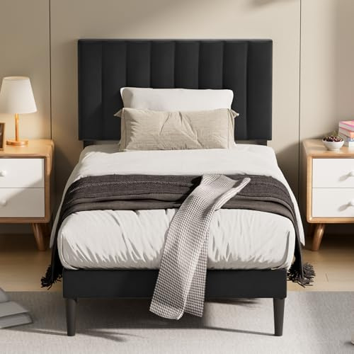 KUTAS Polsterbett 90x200 cm, Bettgestell mit verstellbarem Kopfteil, Stabiler Holz-Metallrahmen, 16 cm Stauraum, Geräuscharm, Kein Boxspring erforderlich, Einfache Montage, Schwarz