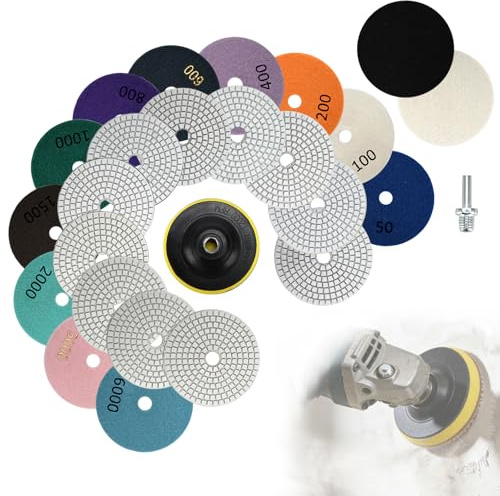 Diamond Polishing Pads Kit, 15 Pieces, 4 Inch, 50-6000 Grits, with Wool Felt Pads, Hook & Loop Backing Pad, M14 Mandrel for Angle Grinder Rotary Polisher Tools