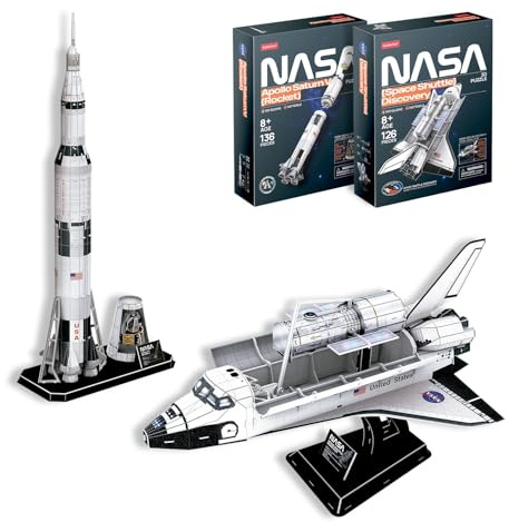 NASA - 3D Puzzle Apollo Saturn V + Space Shuttle | 3D Puzzle Erwachsene | Modellbausatz Erwachsene | Geschenk Für Kinder Ab 8 Jahre | 136 und 126 Stücke | DIY